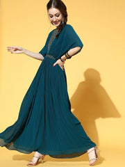 Teal Embroidered Accordian Pleated Gown with Embroidered Belt - inddus-us