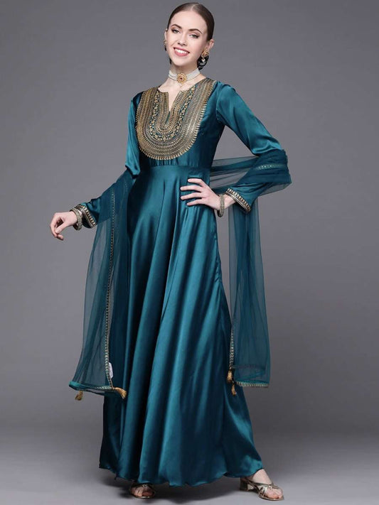 Teal Embroidered Anarkali Kurta with Dupatta - Inddus.com
