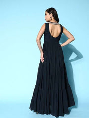 Teal Embroidered Georgette Tiered Gown Dress - Inddus.com