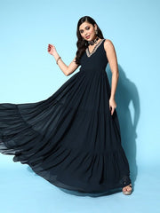Teal Embroidered Georgette Tiered Gown Dress - Inddus.com