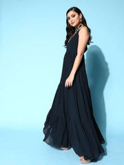 Teal Embroidered Georgette Tiered Gown Dress - Inddus.com