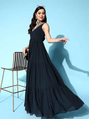 Teal Embroidered Georgette Tiered Gown Dress - Inddus.com