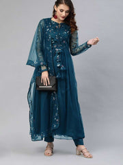 Teal Embroidered Kurta Set with Dupatta - Inddus.com