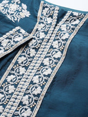 Teal Embroidered Kurta with Pants and Net Dupatta - Inddus.com