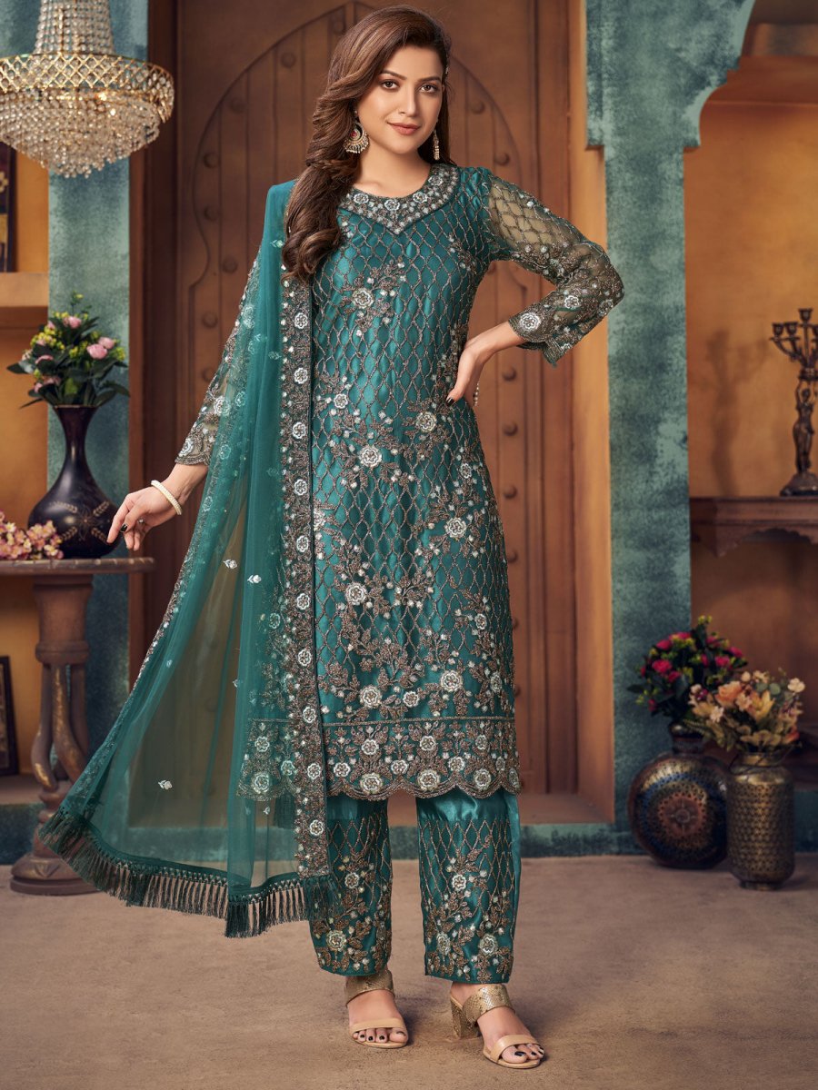 Teal Embroidered Partywear Straight Cut Suit - Inddus.com