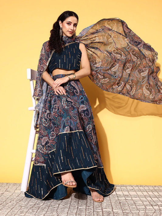 Teal Embroidered Sequinned Semi-Stitched Lehenga & Unstitched Blouse With Dupatta - Inddus.com