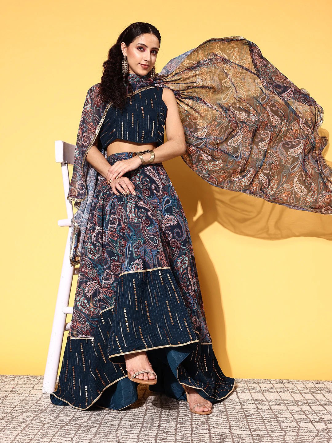 Teal Embroidered Sequinned Semi-Stitched Lehenga & Unstitched Blouse With Dupatta - Inddus.com