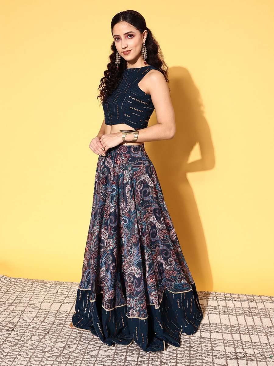 Teal Embroidered Sequinned Semi-Stitched Lehenga & Unstitched Blouse With Dupatta - Inddus.com