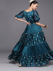 Teal Embroidered Teired Gown with Mirror Laced Belt - inddus-us