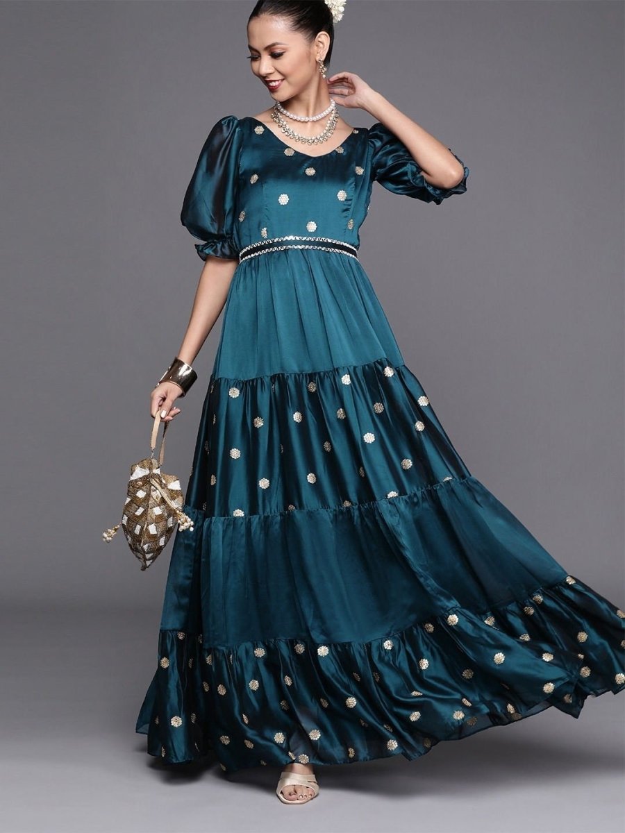 Teal Embroidered Teired Gown with Mirror Laced Belt - inddus-us
