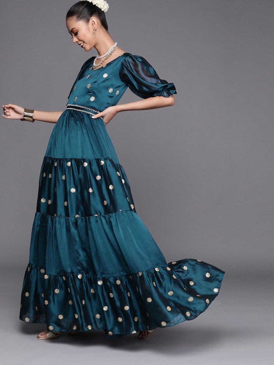 Teal Embroidered Teired Gown with Mirror Laced Belt - inddus-us