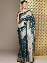 Teal Ethnic Motifs Woven Design Zari Pure Silk Saree - Inddus.com
