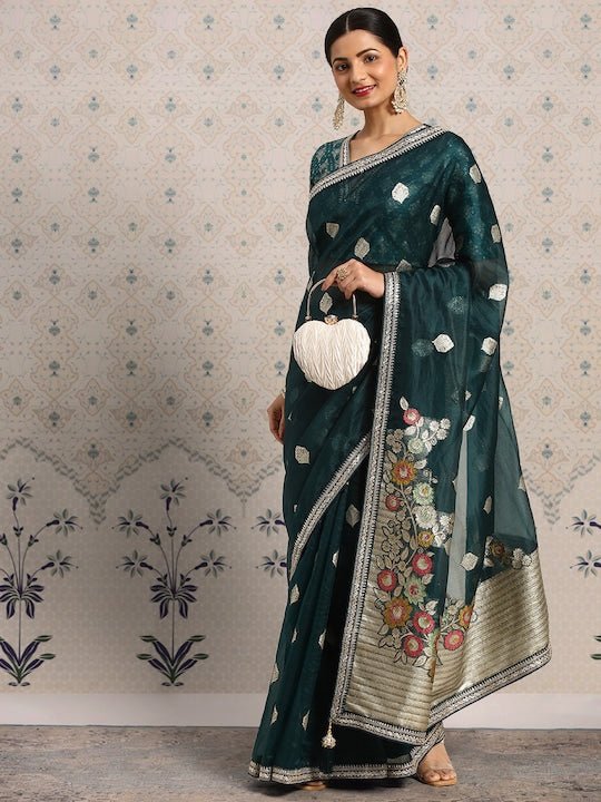 Teal Ethnic Motifs Zari Organza Saree - Inddus.com
