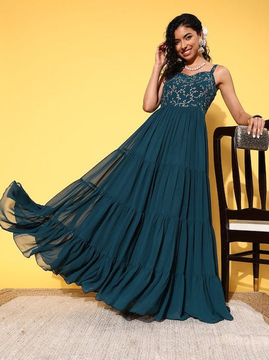 Teal Floral Embroidered Georgette Maxi Dress - Inddus.com