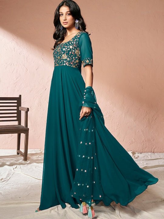 Teal Floral Embroidered Sequinned Fit and Flare Ethnic Dress With Dupatta - Inddus.com
