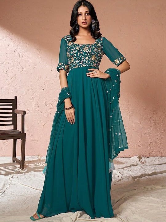 Teal Floral Embroidered Sequinned Fit and Flare Ethnic Dress With Dupatta - Inddus.com