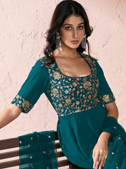 Teal Floral Embroidered Sequinned Fit and Flare Ethnic Dress With Dupatta - Inddus.com