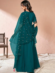 Teal Floral Embroidered Sequinned Fit and Flare Ethnic Dress With Dupatta - Inddus.com