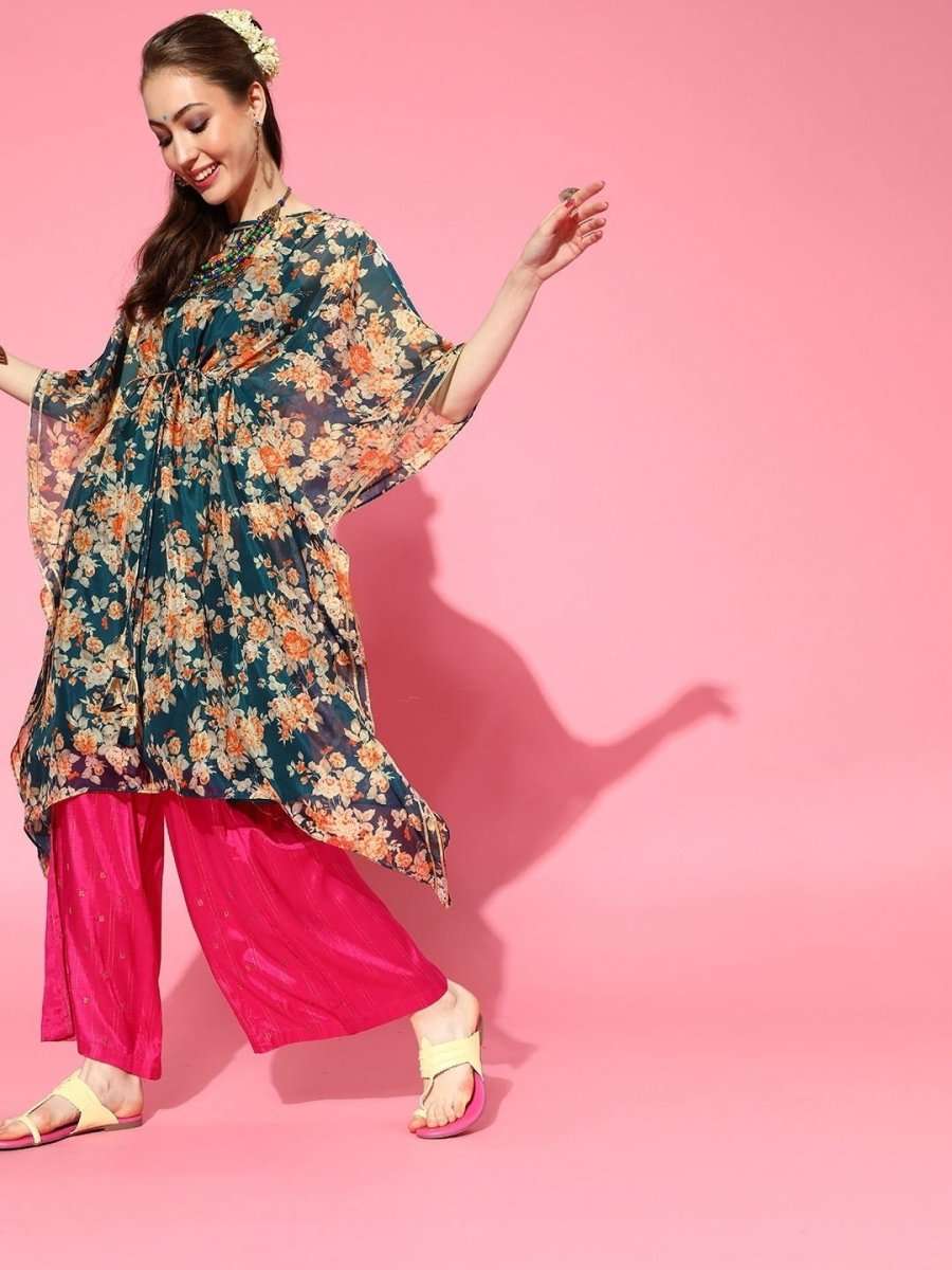 Teal Floral Print Kaftan Kurta - inddus-us