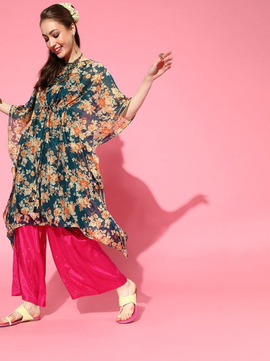 Teal Floral Print Kaftan Kurta - inddus-us