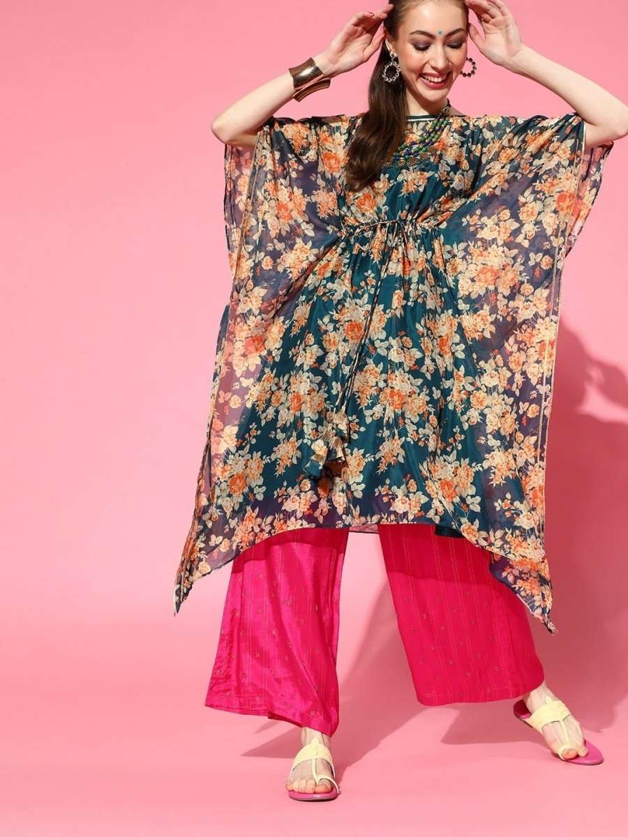 Teal Floral Print Kaftan Kurta - inddus-us