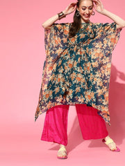 Teal Floral Print Kaftan Kurta - inddus-us