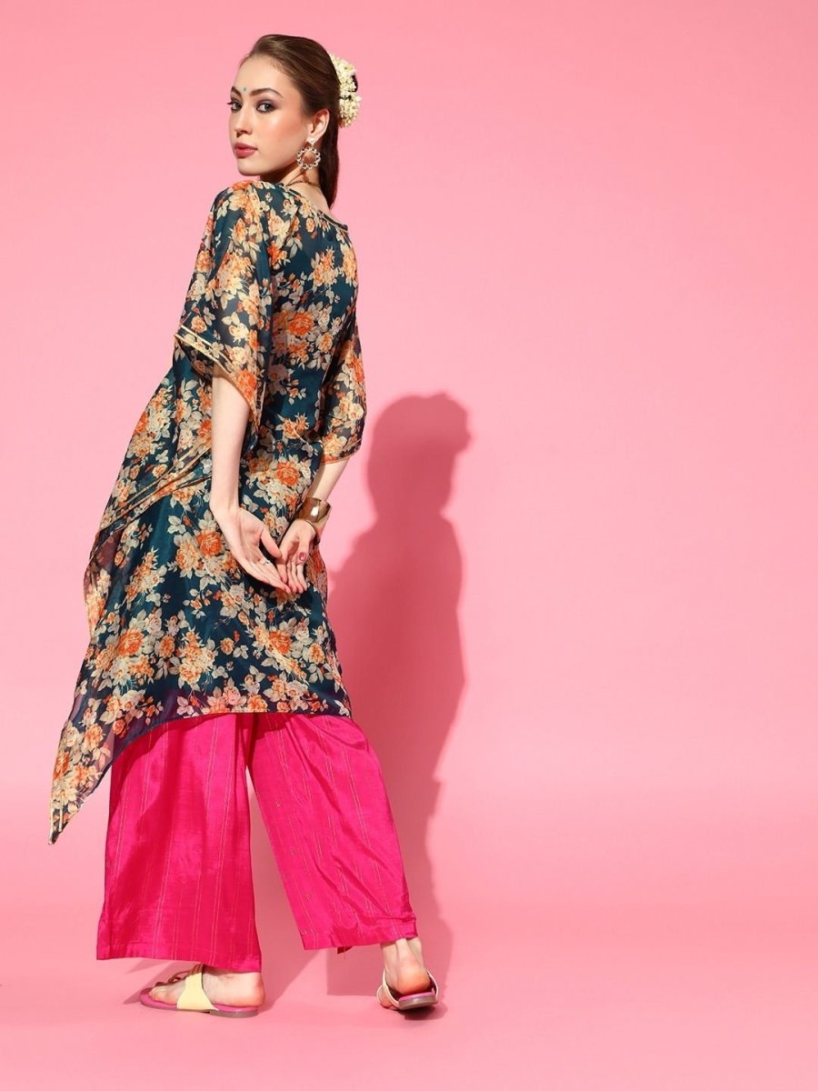 Teal Floral Print Kaftan Kurta - inddus-us