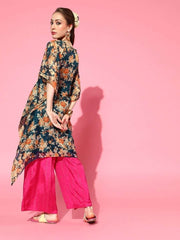 Teal Floral Print Kaftan Kurta - inddus-us