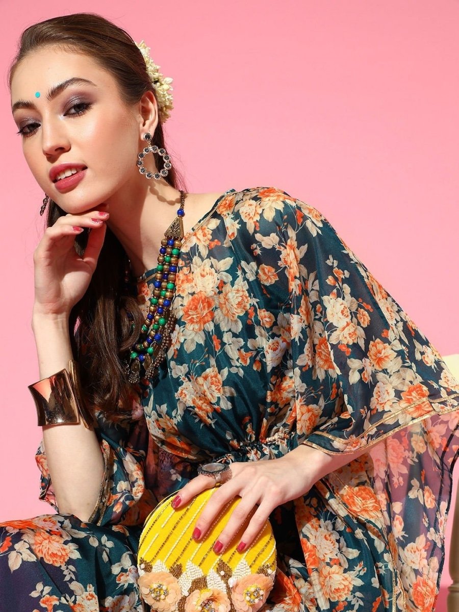 Teal Floral Print Kaftan Kurta - inddus-us