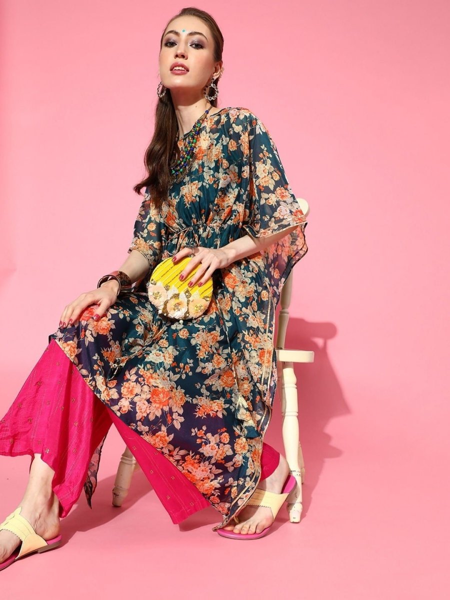 Teal Floral Print Kaftan Kurta - inddus-us