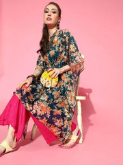 Teal Floral Print Kaftan Kurta - inddus-us