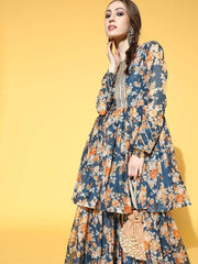 Teal Floral Print Kurta with Sharara - inddus-us