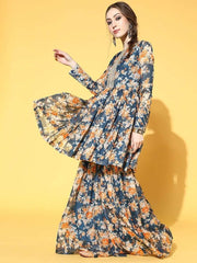 Teal Floral Print Kurta with Sharara - inddus-us