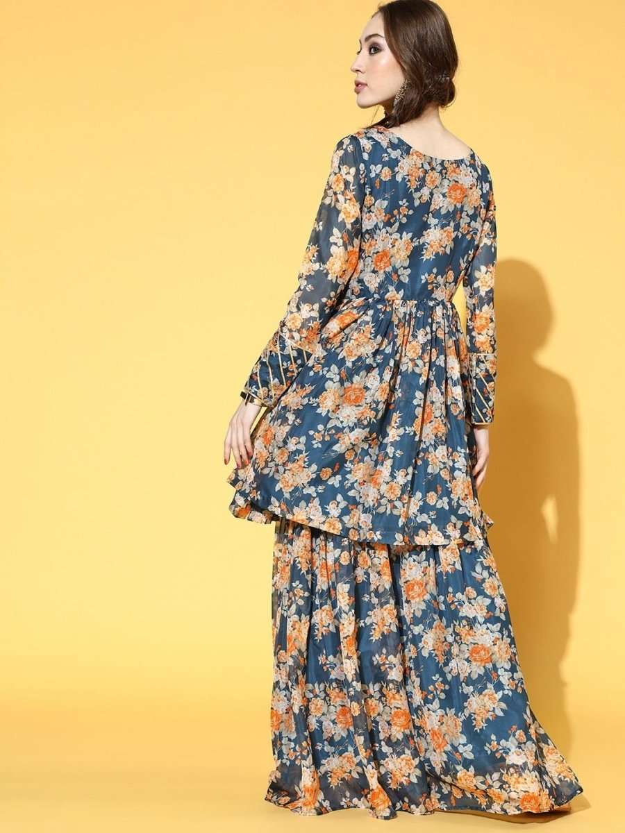 Teal Floral Print Kurta with Sharara - inddus-us
