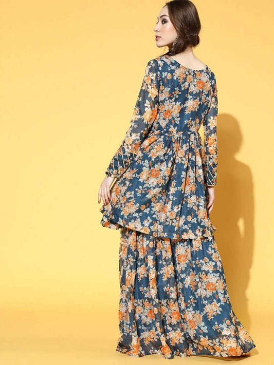 Teal Floral Print Kurta with Sharara - inddus-us