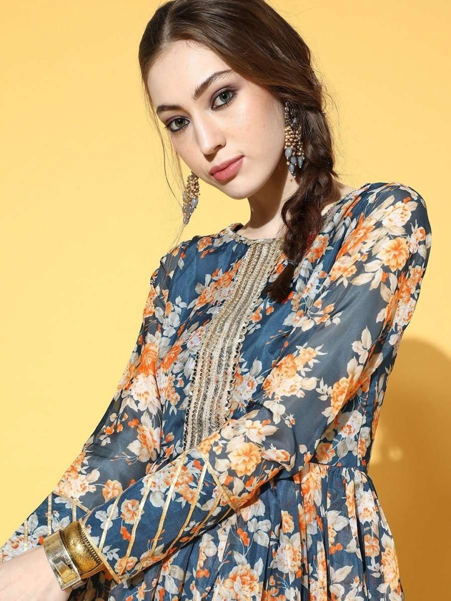 Teal Floral Print Kurta with Sharara - inddus-us