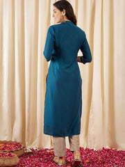 Teal Floral Yoke Design Mandarin Collar Thread Work Straight Kurta - Inddus.com