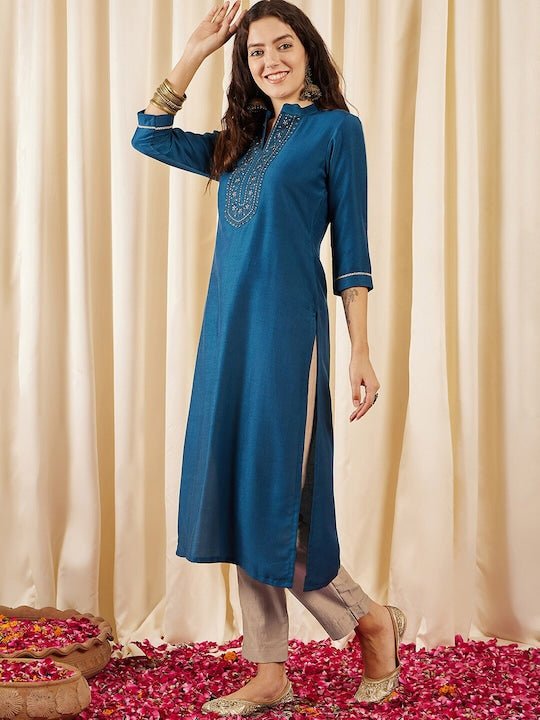Teal Floral Yoke Design Mandarin Collar Thread Work Straight Kurta - Inddus.com