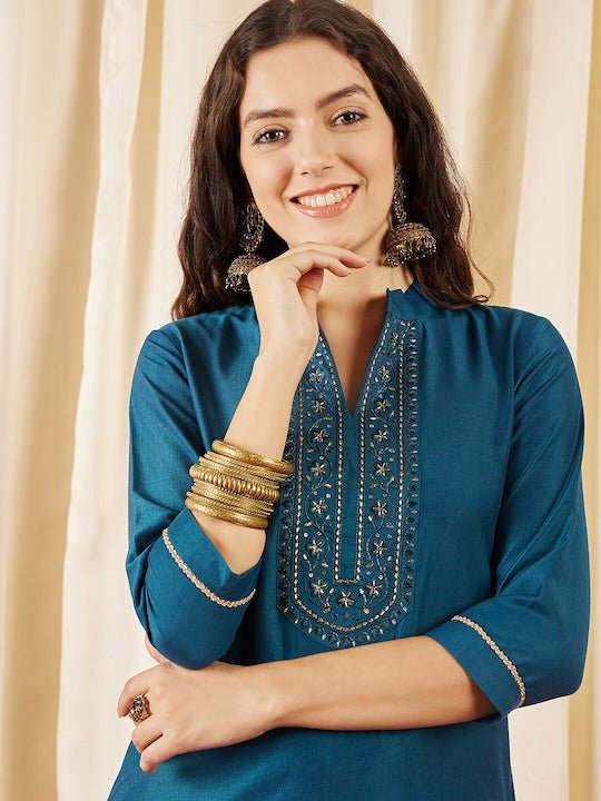 Teal Floral Yoke Design Mandarin Collar Thread Work Straight Kurta - Inddus.com