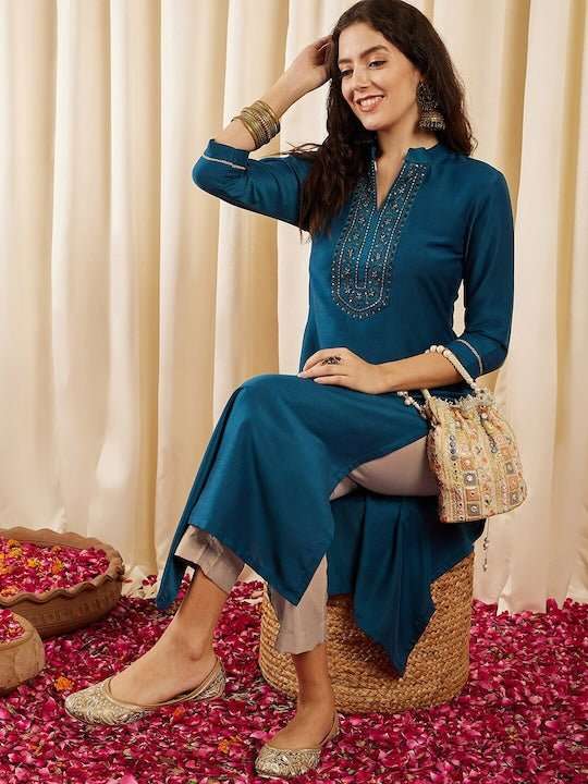 Teal Floral Yoke Design Mandarin Collar Thread Work Straight Kurta - Inddus.com