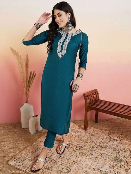 Teal Floral Yoke Design Regular Thread Work Kurta With Trouser - Inddus.com