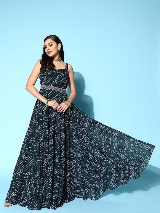 Teal Georgette Bandhani Printed Gown with Belt - Inddus.com