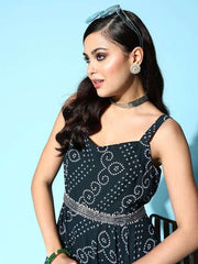 Teal Georgette Bandhani Printed Gown with Belt - Inddus.com