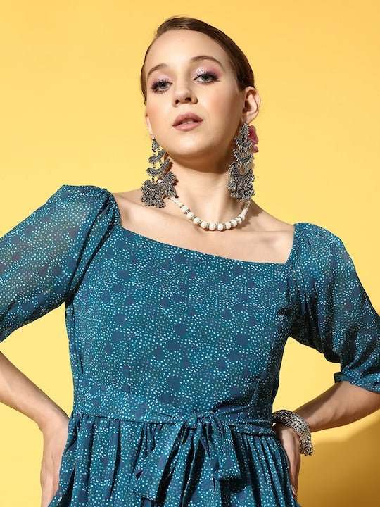 Teal Georgette Maxi Dress - Inddus.com