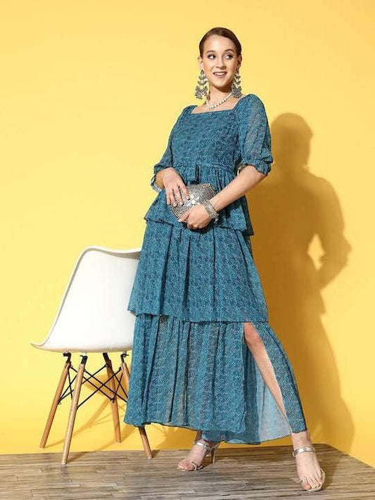 Teal Georgette Maxi Dress - Inddus.com