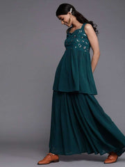 Teal Georgette Sequinned Palazzo Suit - inddus-us