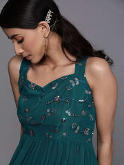 Teal Georgette Sequinned Palazzo Suit - inddus-us