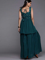 Teal Georgette Sequinned Palazzo Suit - inddus-us