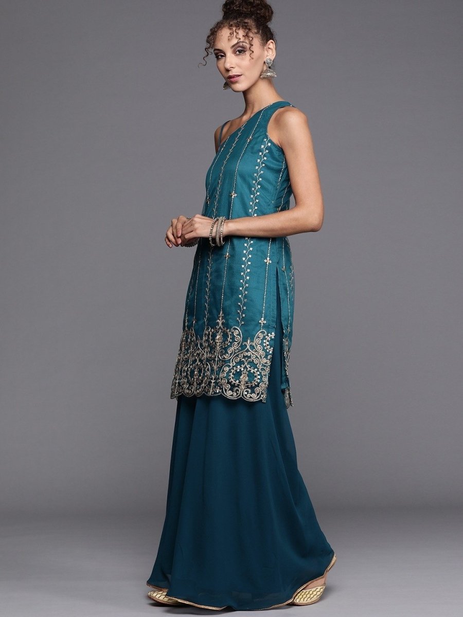 Teal Gold Embroidered Kurta with Sharara and Ruffled Net Dupatta - Inddus.com