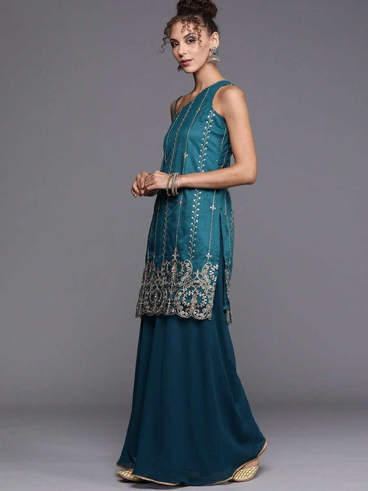 Teal Gold Embroidered Kurta with Sharara and Ruffled Net Dupatta - Inddus.com